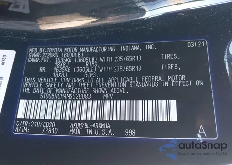 2021 Toyota Highlander Hybrid Xle из США, поврежденный, VIN 5TDGBRCH4MS526083